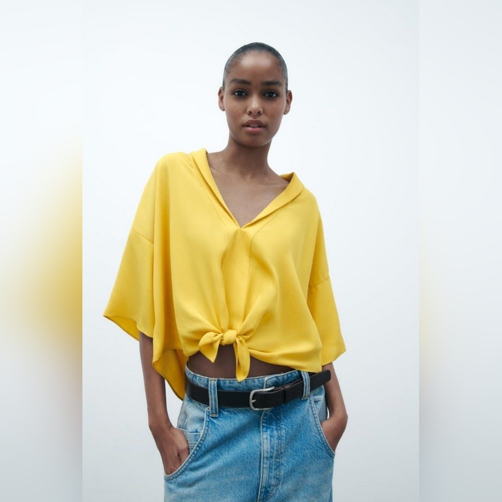 Zara Yellow Tie-Front Blouse, Size: S